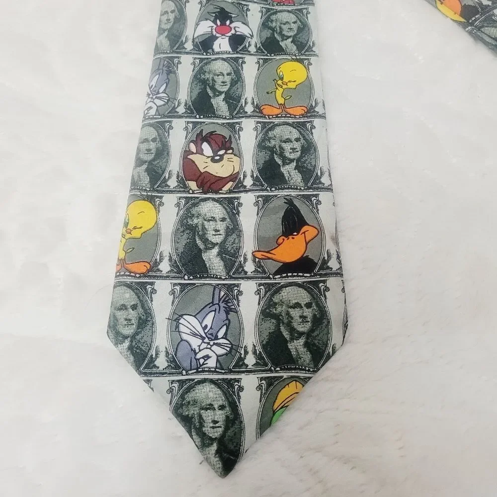 VTG Looney Toons Mania Funny Money Tie 1996 Dollar Bill Bugs Daffy Taz Friends